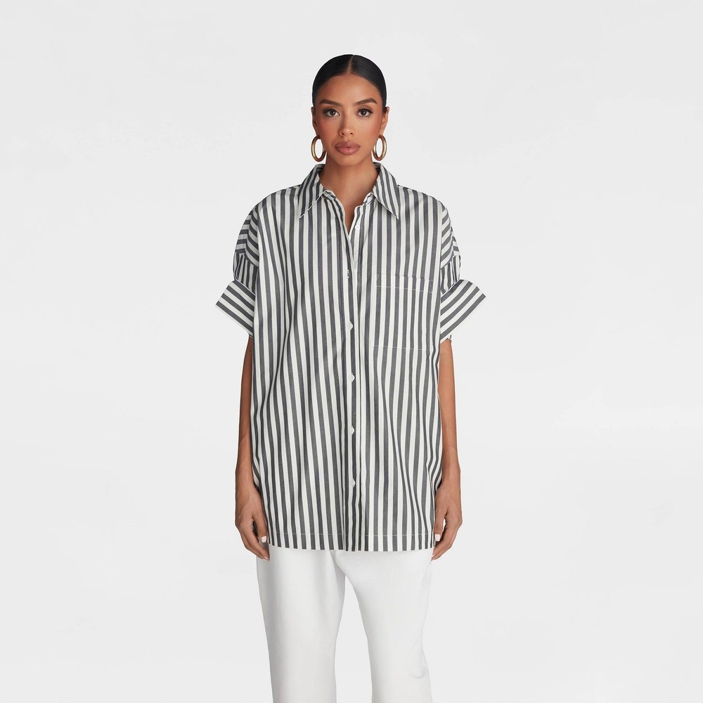 KBB KAHLANA Target S Small Short‎ Sleeve Button-Down Tucked Sleeve Shirt Striped